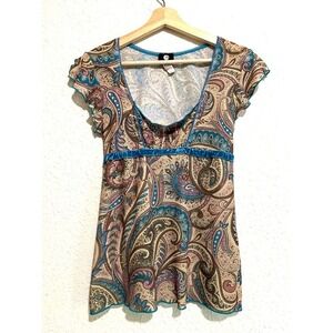 Anxiety Vintage Y2K Paisley‎ Babydoll Top Teal Velvet Empire Waist Large grunge